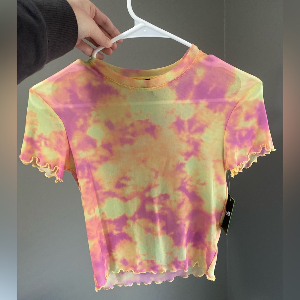 ALAB Women’s (size XS) Pink and Yellow Mesh Tie-Dye Crop Top